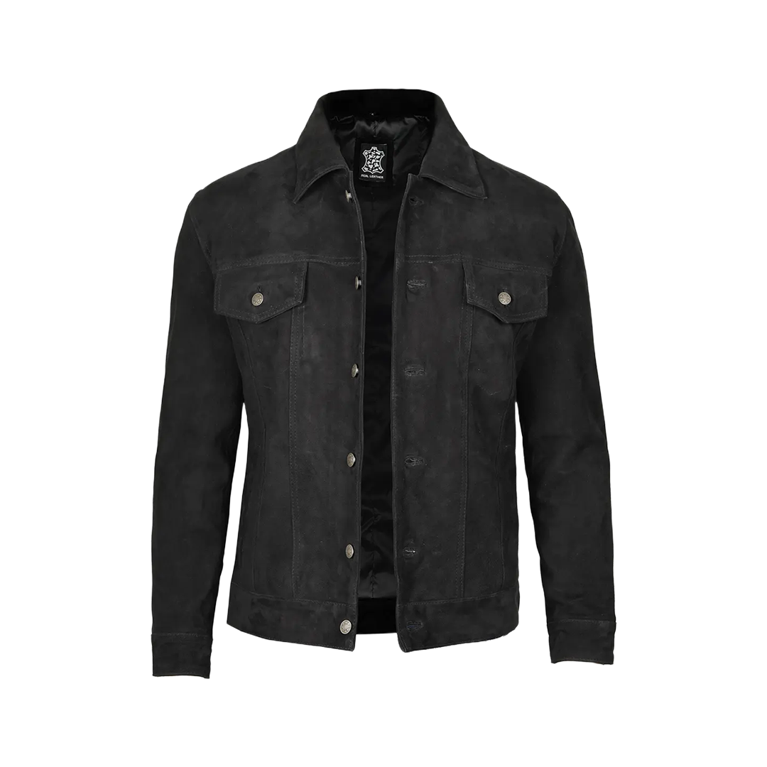 Men's Black Suede Shirt Collar Jacket