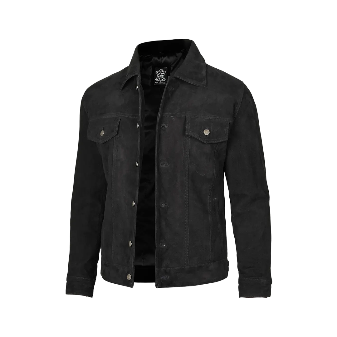 Men's Black Suede Shirt Collar Jacket