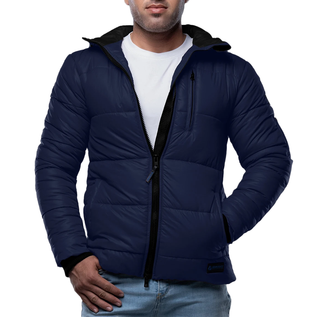 Men's Blue Puffer Jacket with Hood - Down Insulation