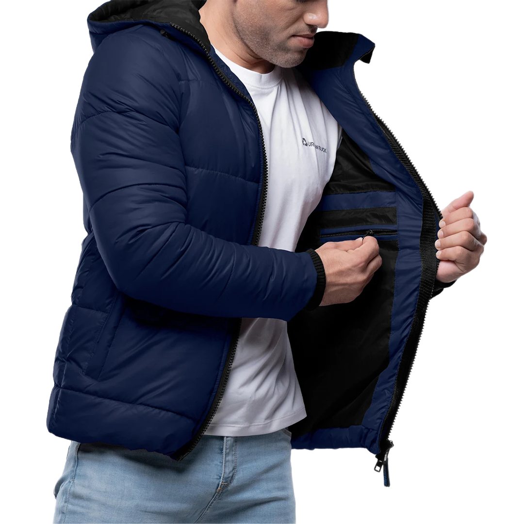 Men's Blue Puffer Jacket with Hood - Down Insulation