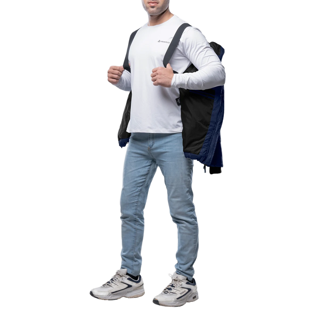 Men's Blue Puffer Jacket with Hood - Down Insulation