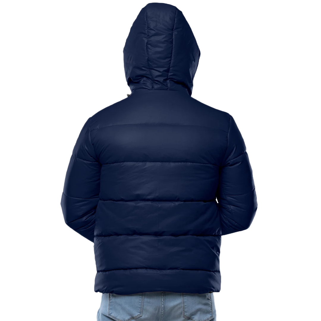 Men's Blue Puffer Jacket with Hood - Down Insulation