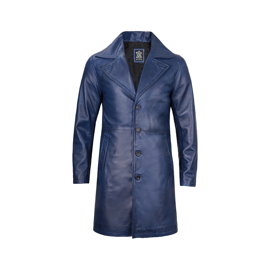Men's Blue Real Leather 3 4 Length Car Coat