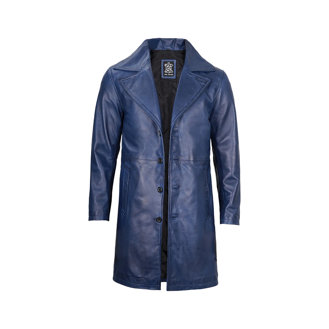 Men's Blue Real Leather 3 4 Length Car Coat