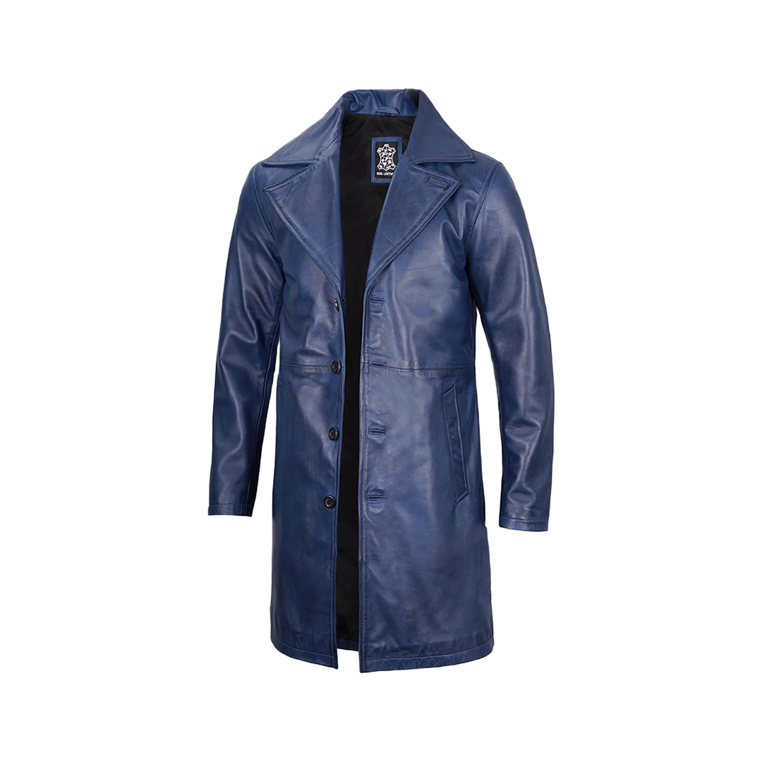 Men's Blue Real Leather 3 4 Length Car Coat