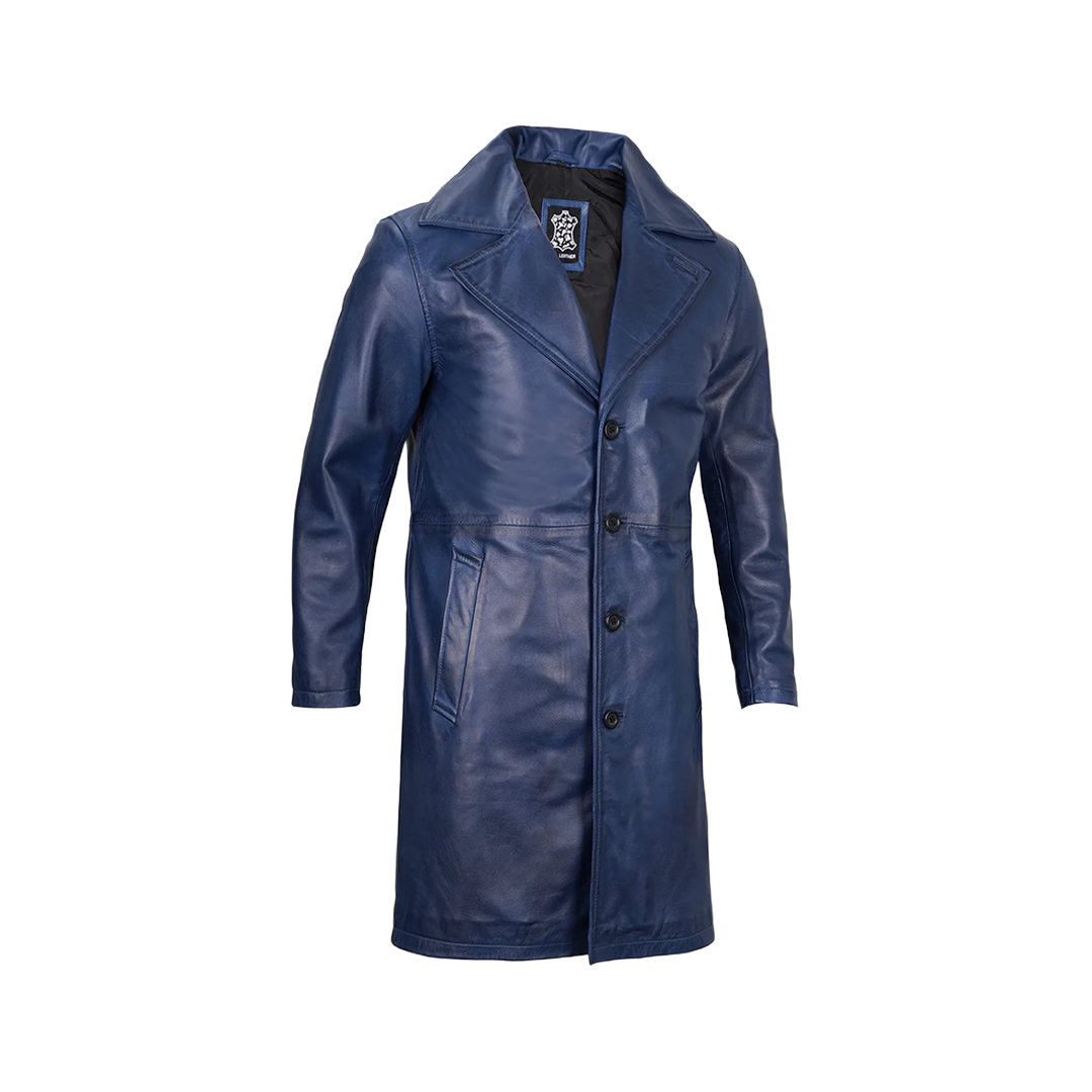 Men's Blue Real Leather 3 4 Length Car Coat