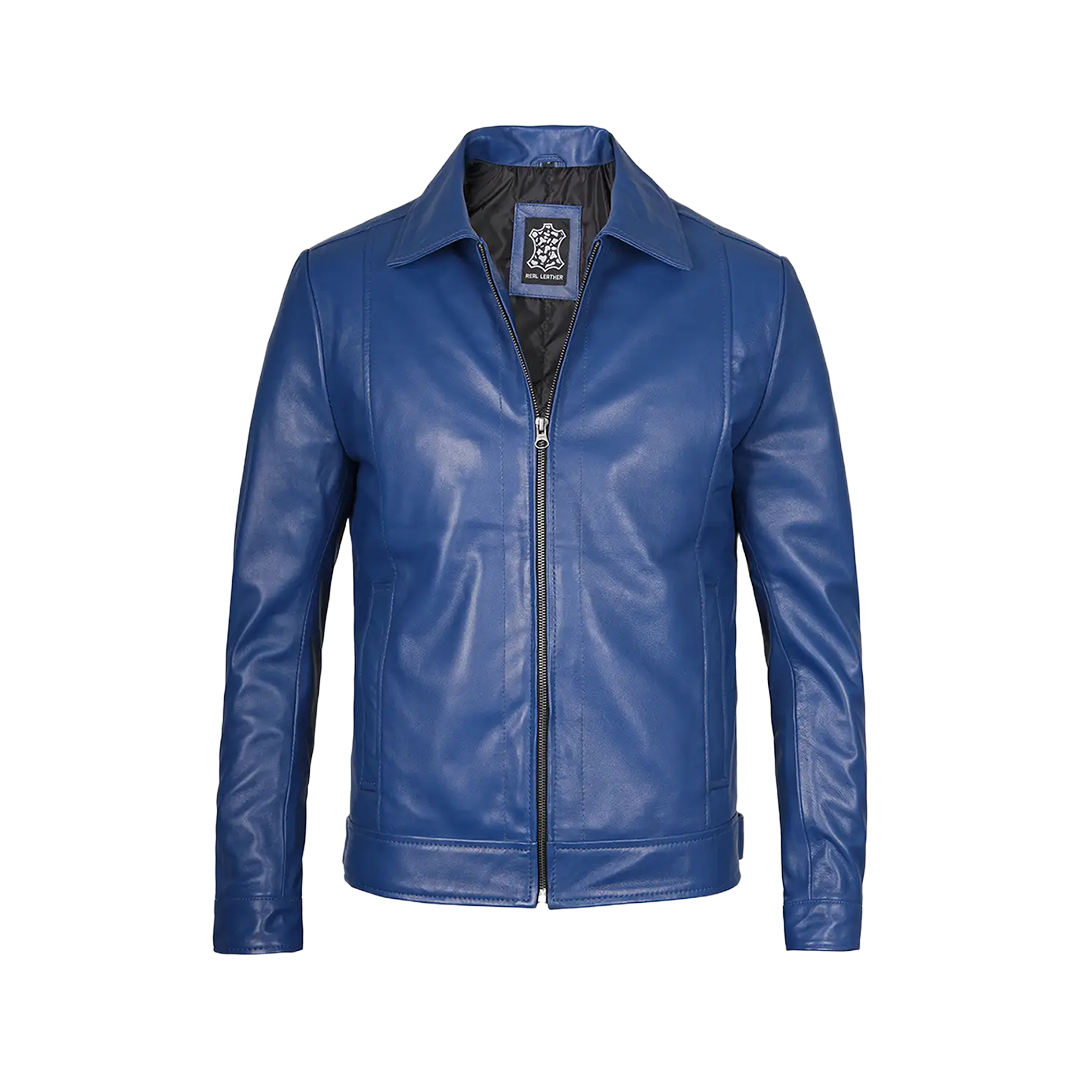 Men's Blue Real Leather Harrington Jacket