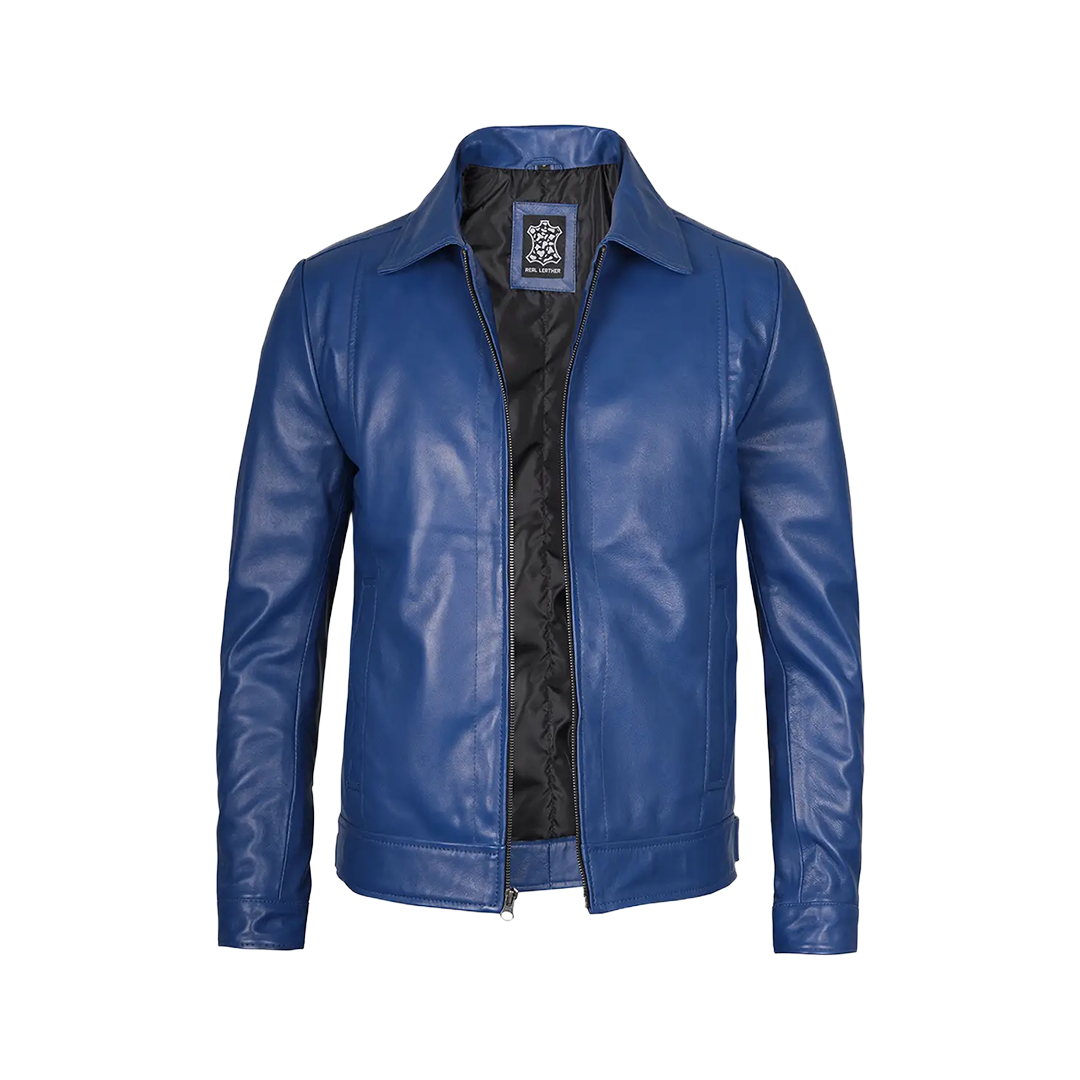 Men's Blue Real Leather Harrington Jacket