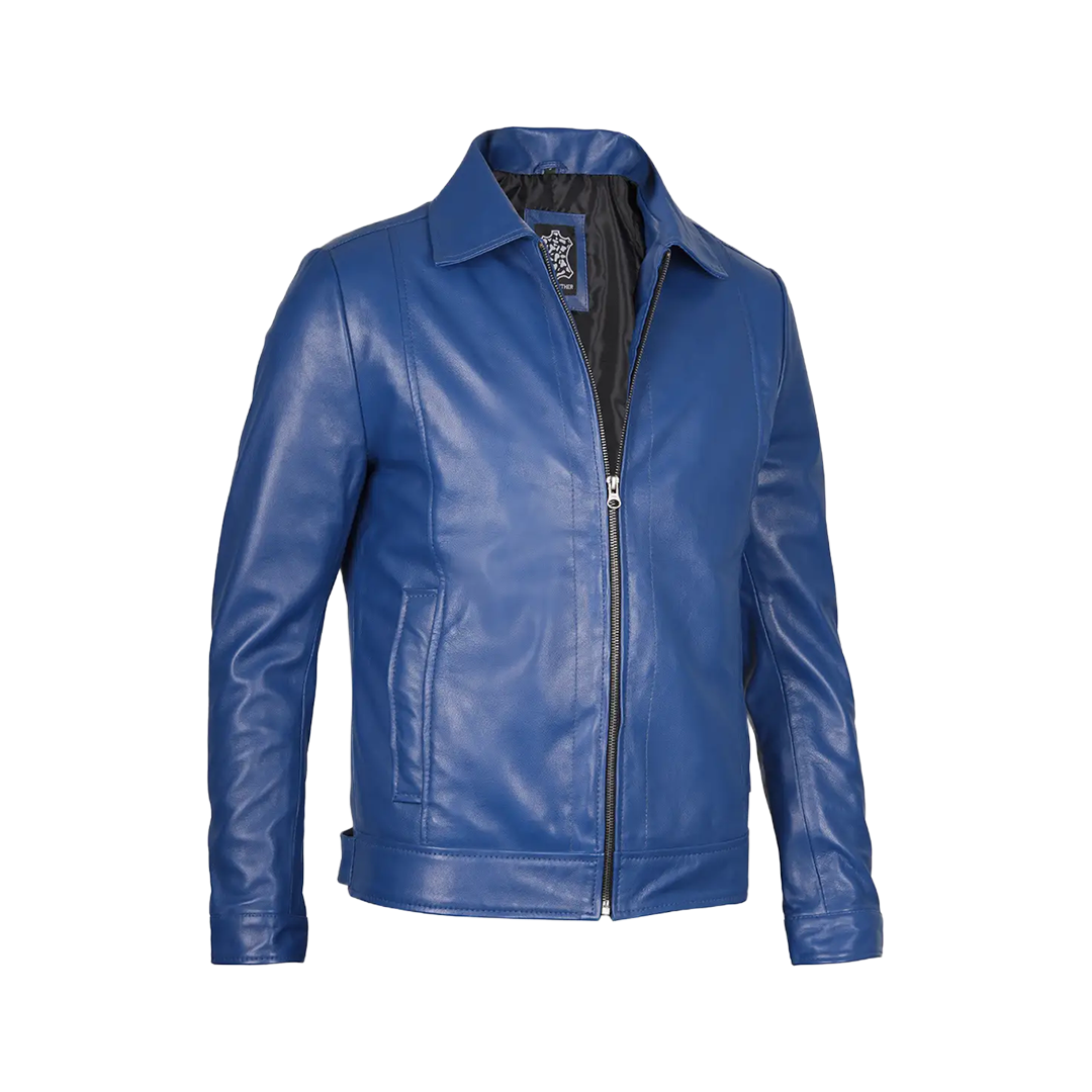 Men's Blue Real Leather Harrington Jacket