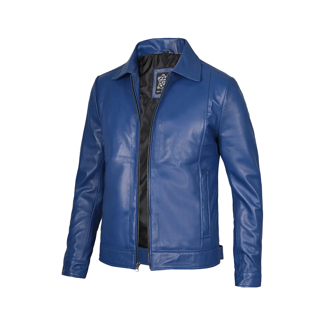 Men's Blue Real Leather Harrington Jacket
