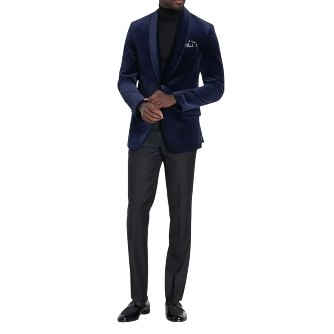 Men's Blue Velvet Prom Suit with Shawl Lapel