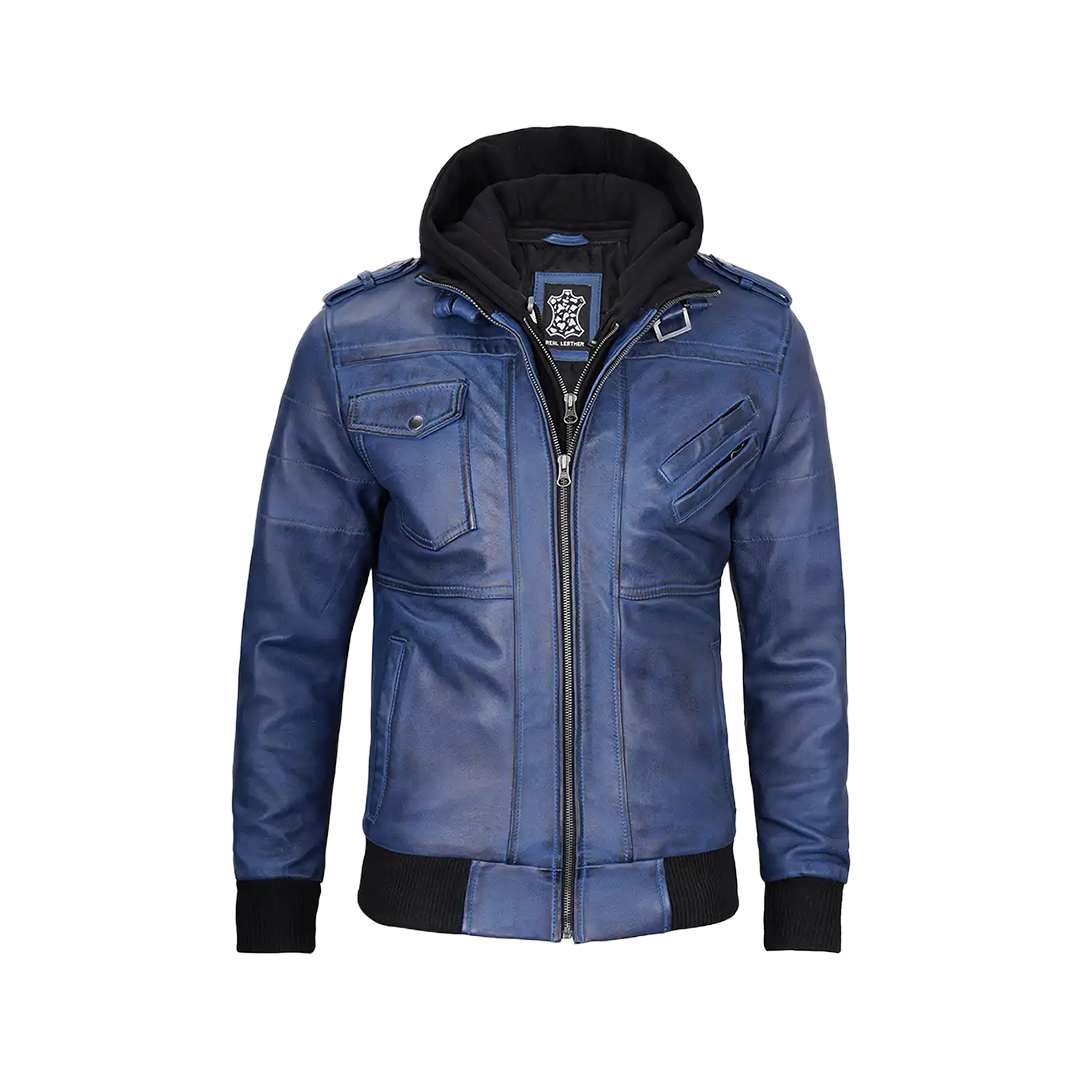 Men's Blue Waxed Leather Jacket with Removable Hood