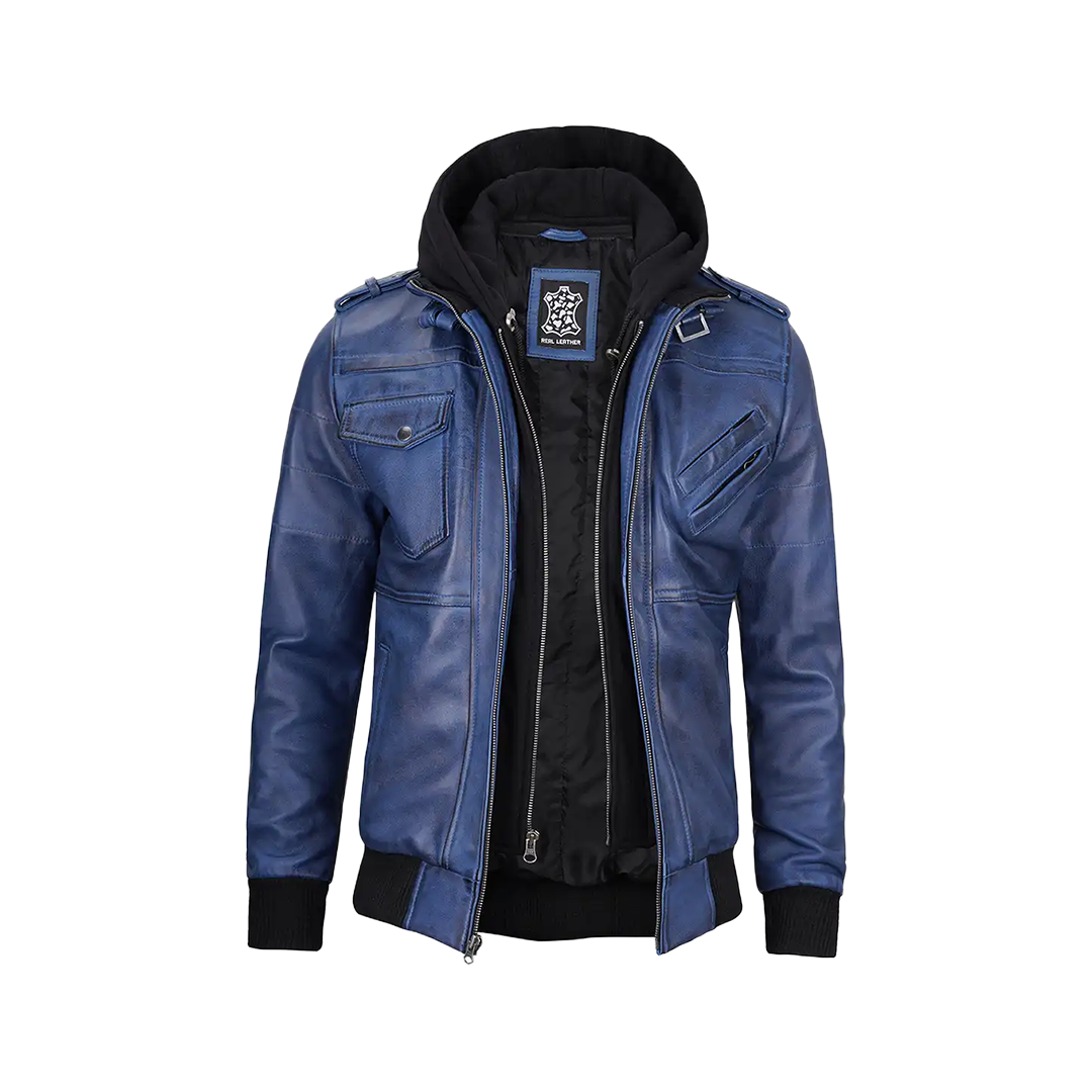Men's Blue Waxed Leather Jacket with Removable Hood