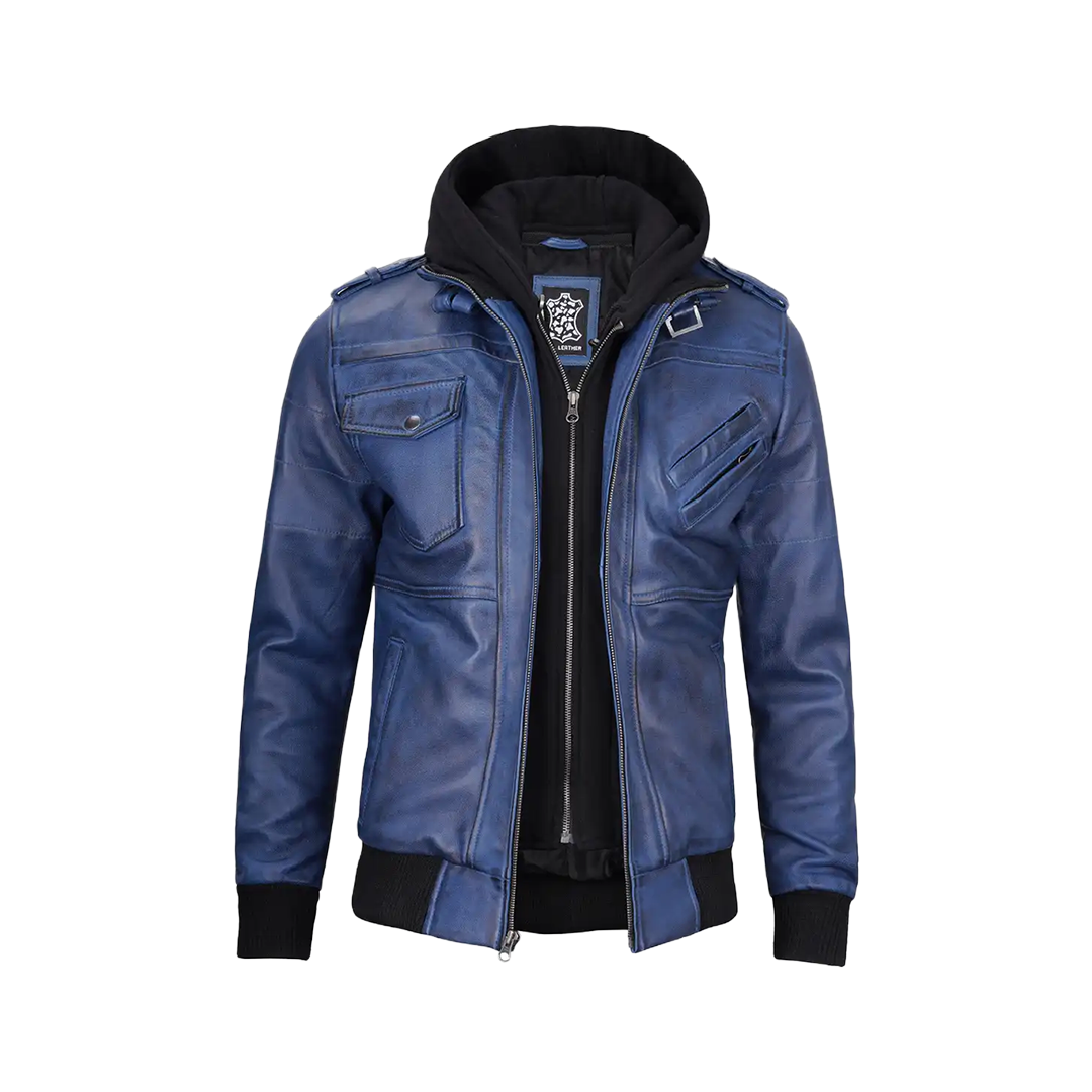 Men's Blue Waxed Leather Jacket with Removable Hood