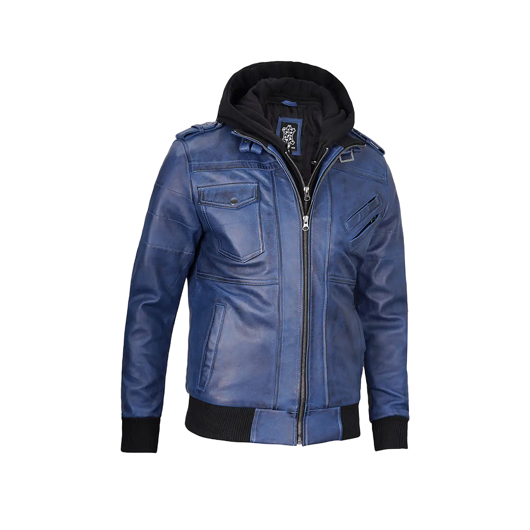Men's Blue Waxed Leather Jacket with Removable Hood