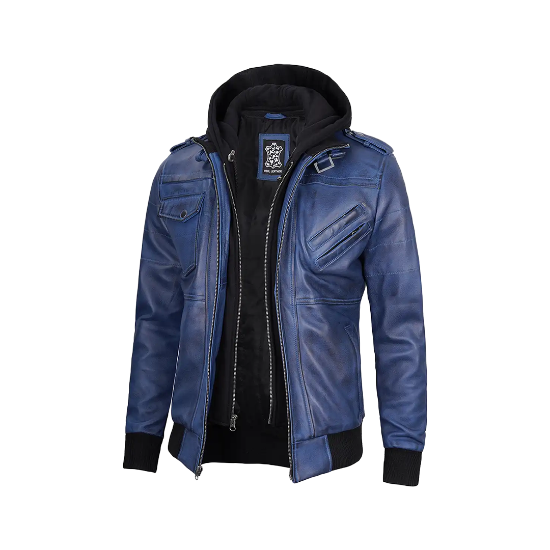 Men's Blue Waxed Leather Jacket with Removable Hood
