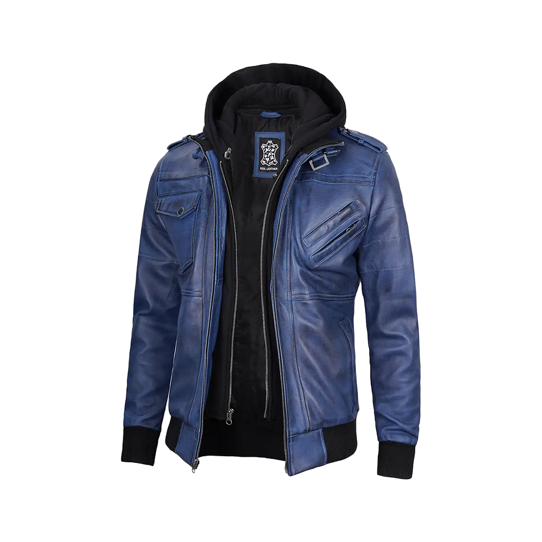 Men's Blue Waxed Leather Jacket with Removable Hood