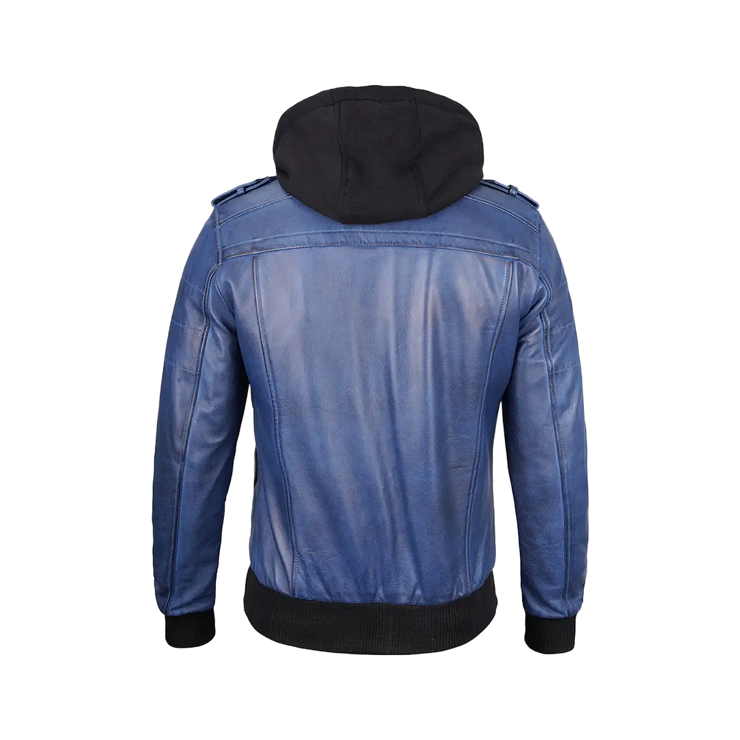 Men's Blue Waxed Leather Jacket with Removable Hood