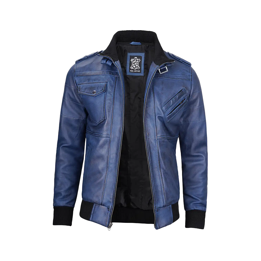 Men's Blue Waxed Leather Jacket with Removable Hood