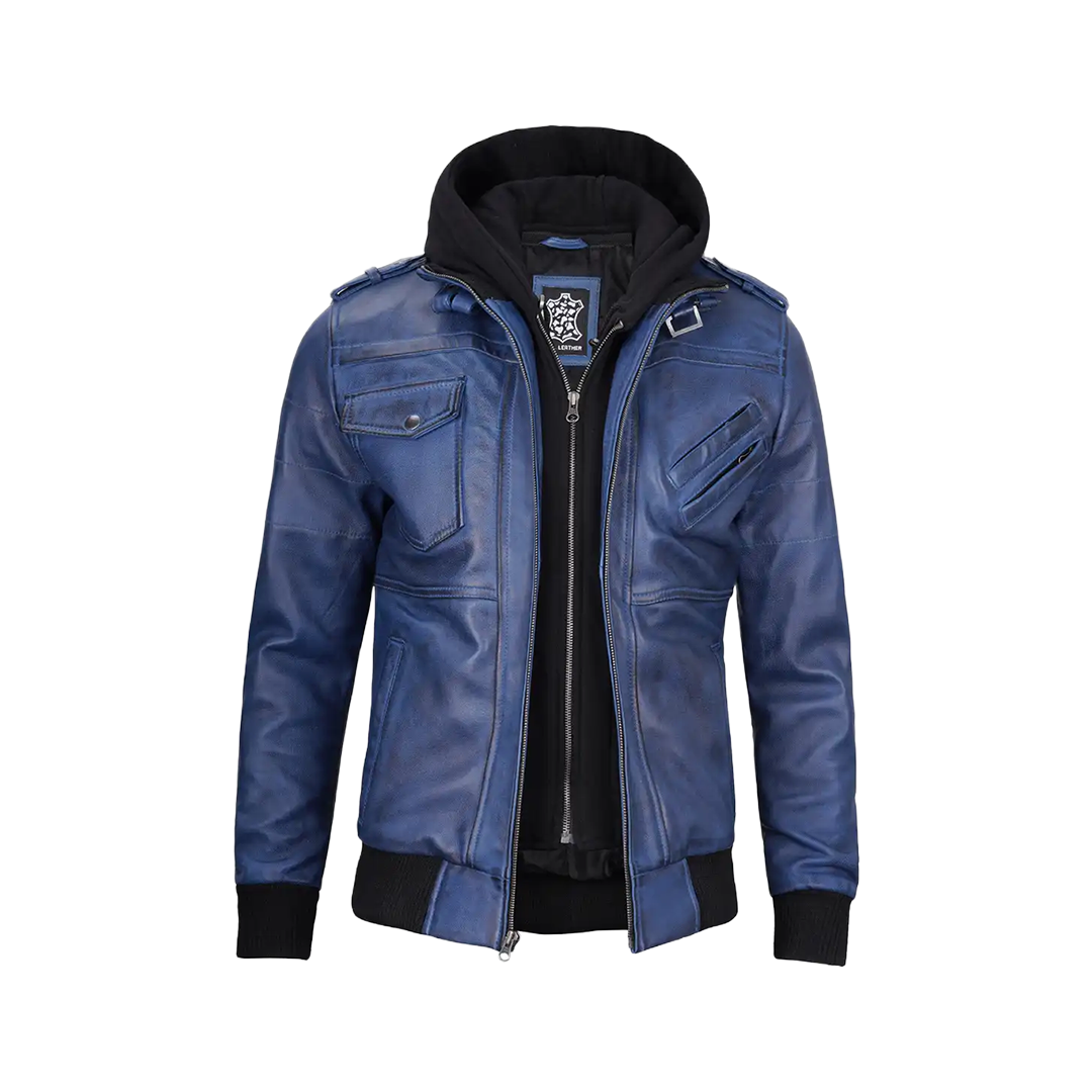 Men's Blue Waxed Leather Jacket with Removable Hood