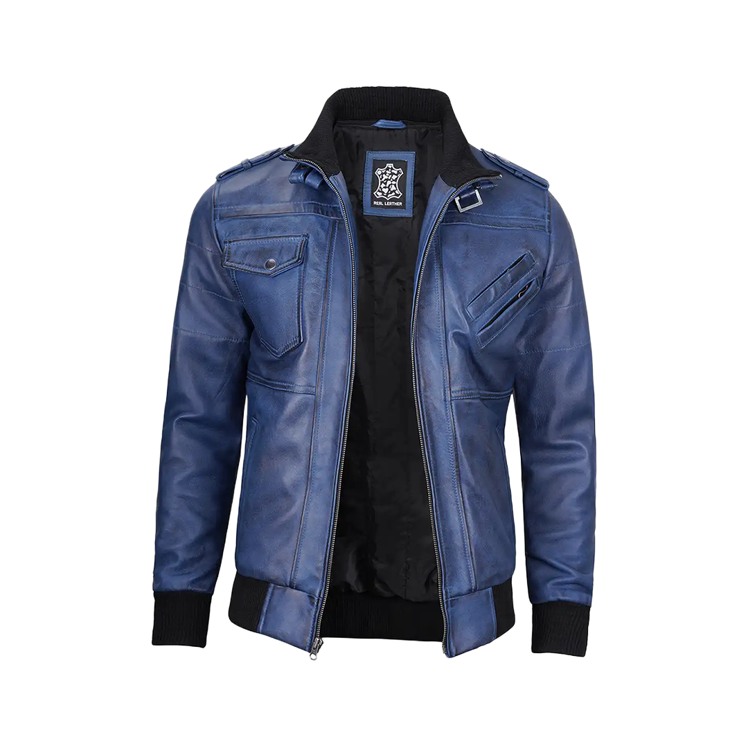 Men's Blue Waxed Leather Jacket with Removable Hood