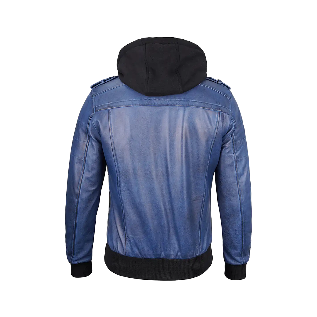 Men's Blue Waxed Leather Jacket with Removable Hood