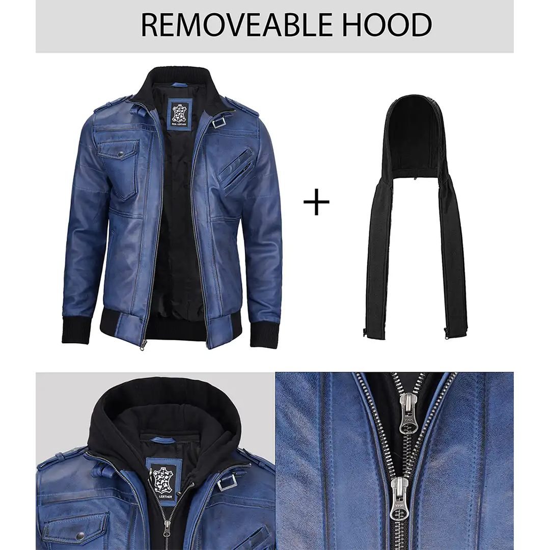Men's Blue Waxed Leather Jacket with Removable Hood