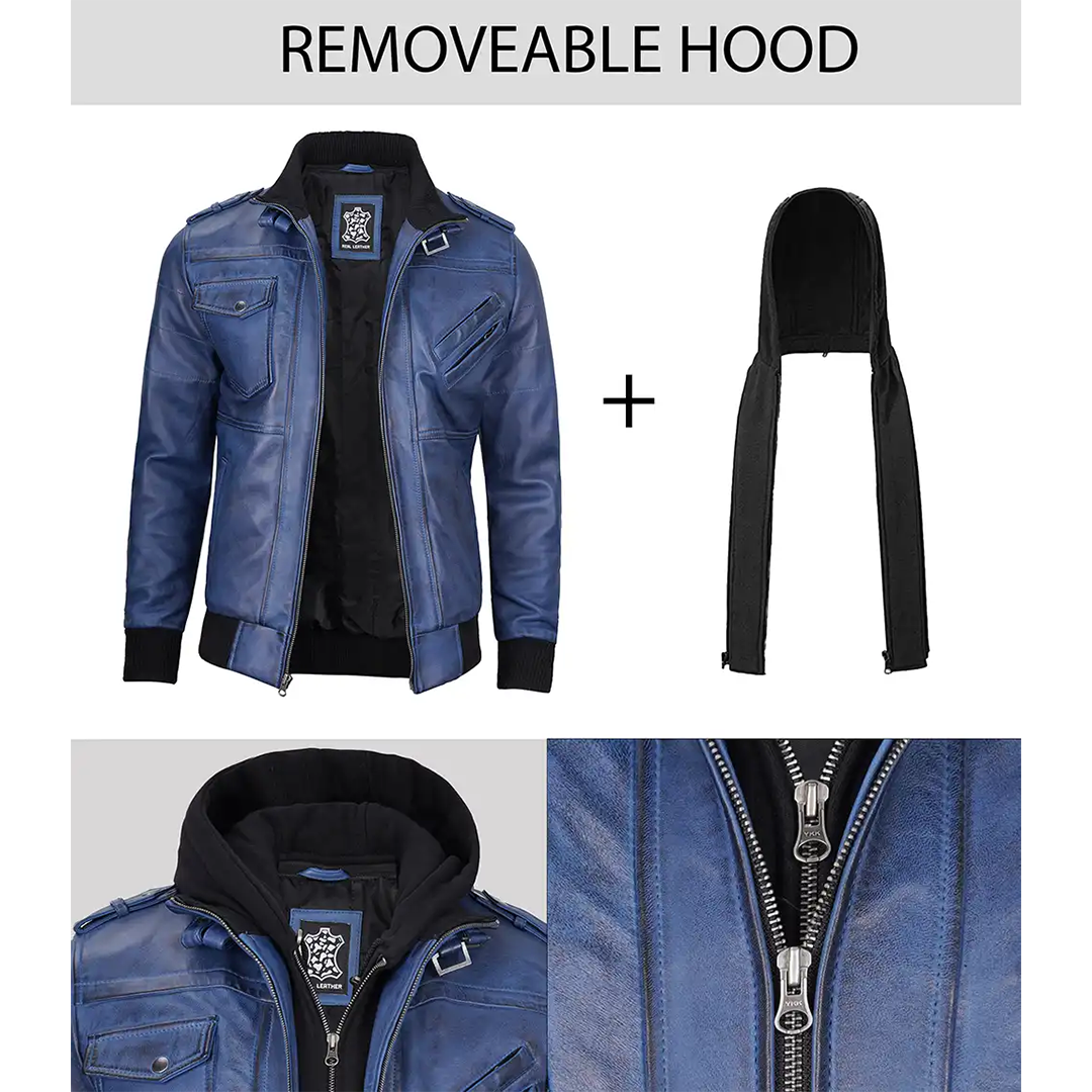 Men's Blue Waxed Leather Jacket with Removable Hood