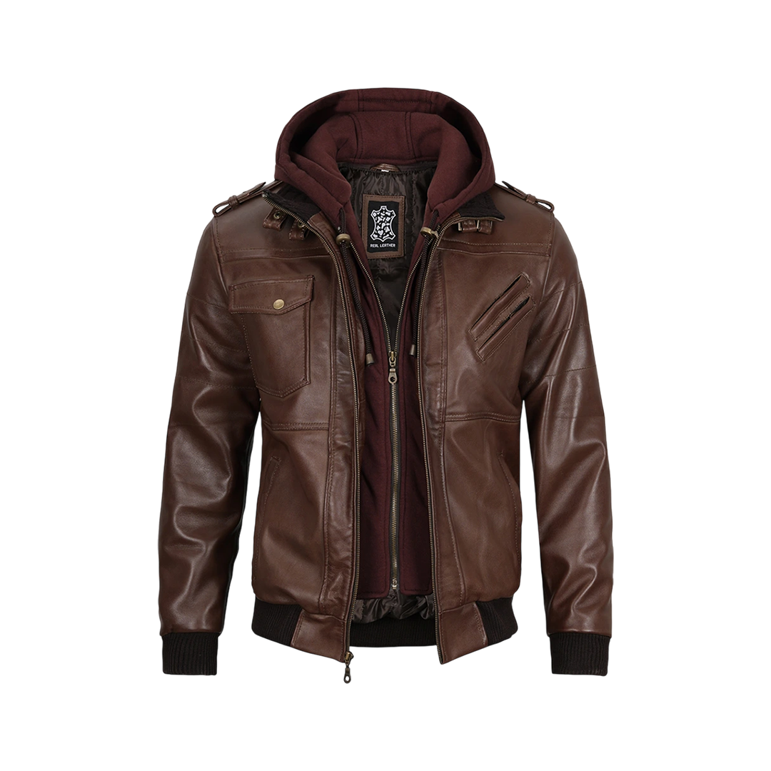 Men's Brown Bomber Leather Jacket With Removable Hood