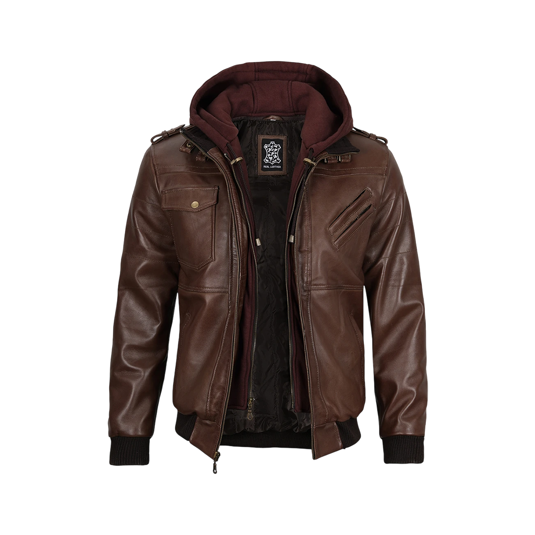 Men's Brown Bomber Leather Jacket With Removable Hood