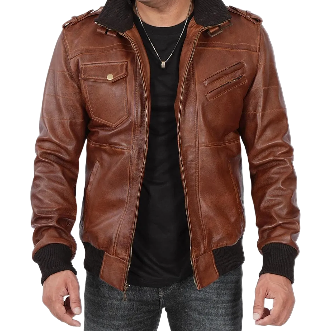 Men's Brown Bomber Leather Jacket With Removable Hood