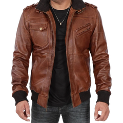 Men's Brown Bomber Leather Jacket With Removable Hood