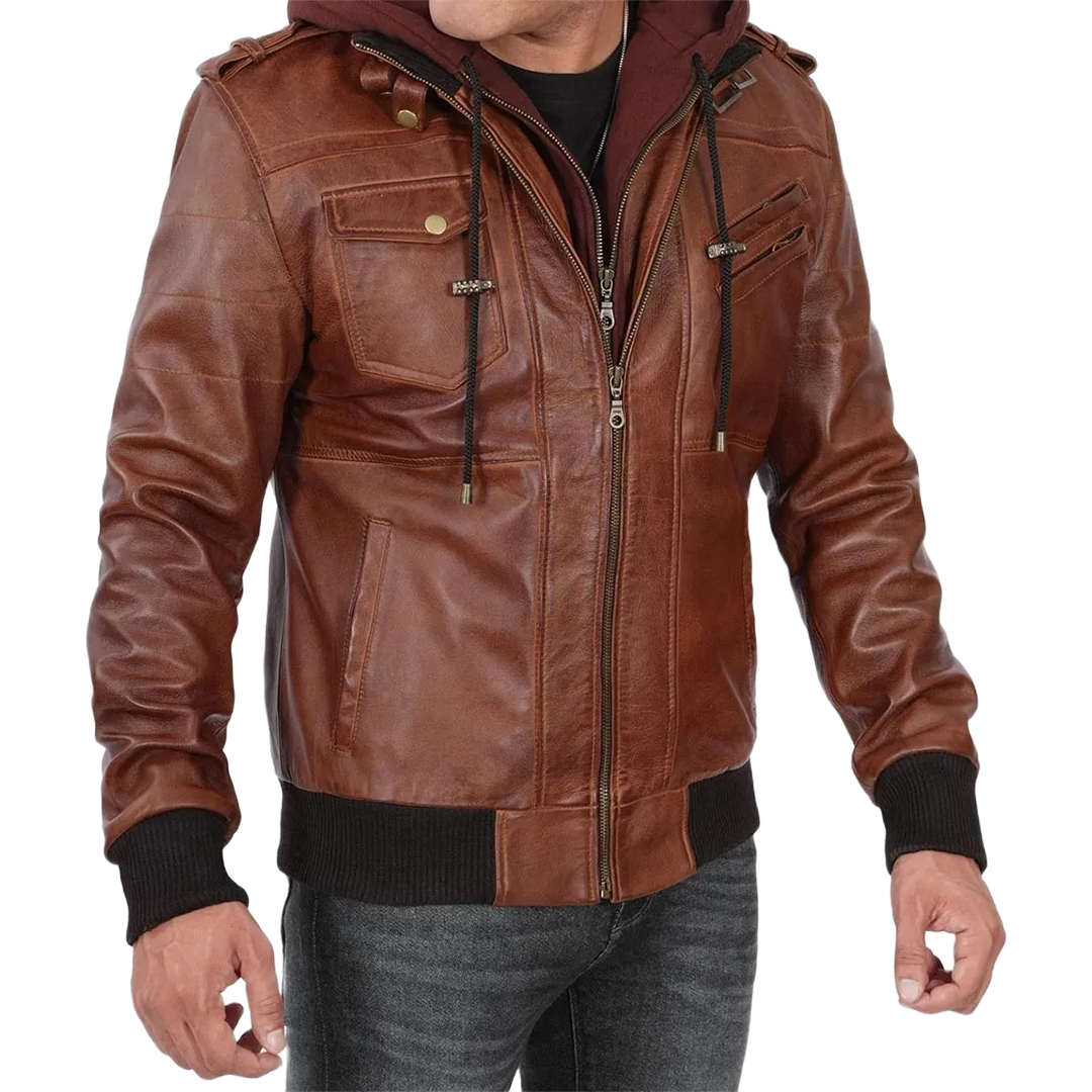 Men's Brown Bomber Leather Jacket With Removable Hood