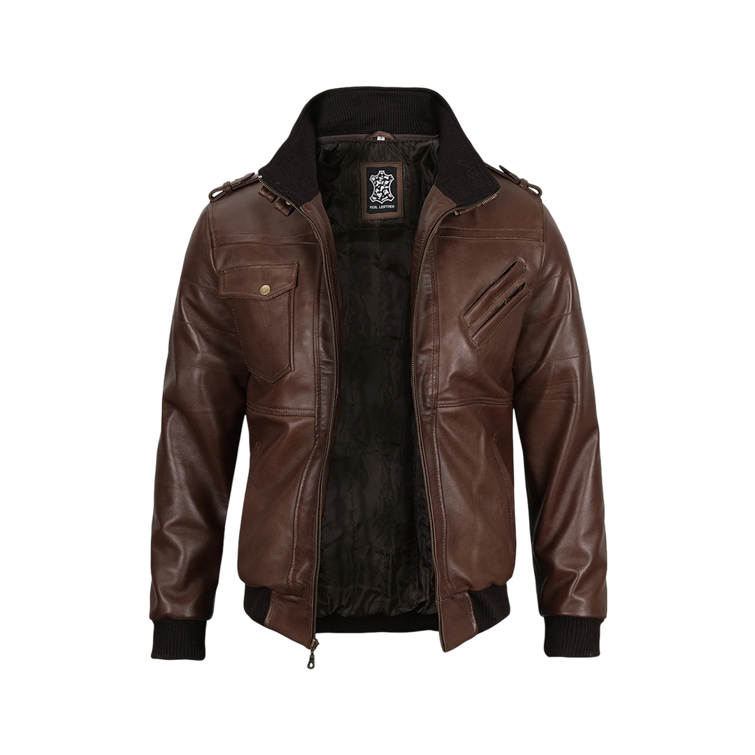 Men's Brown Bomber Leather Jacket With Removable Hood