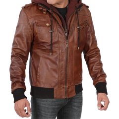 Men's Brown Bomber Leather Jacket With Removable Hood