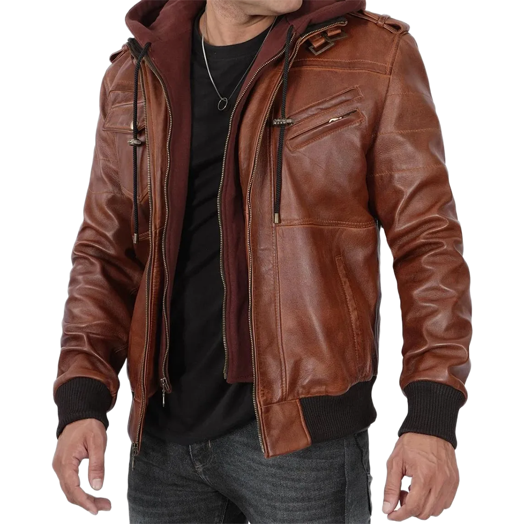 Men's Brown Bomber Leather Jacket With Removable Hood