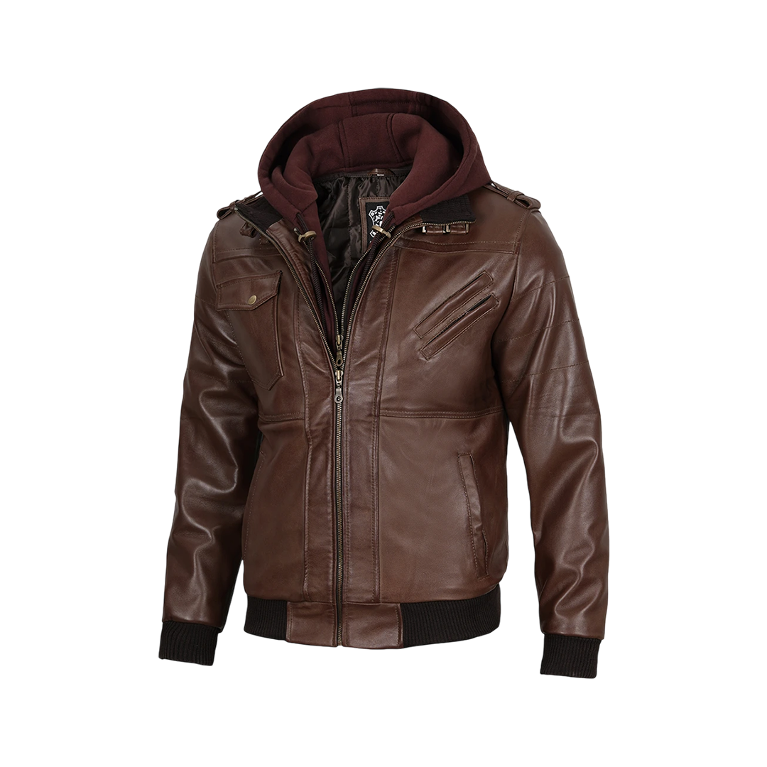 Men's Brown Bomber Leather Jacket With Removable Hood