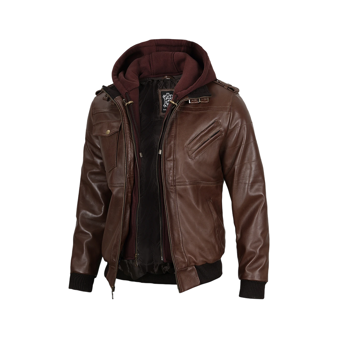 Men's Brown Bomber Leather Jacket With Removable Hood