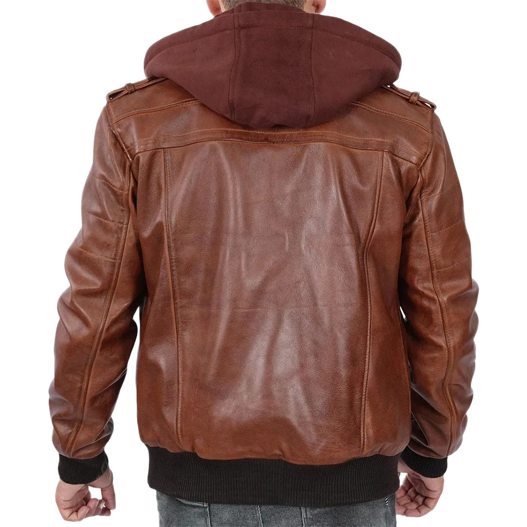 Men's Brown Bomber Leather Jacket With Removable Hood
