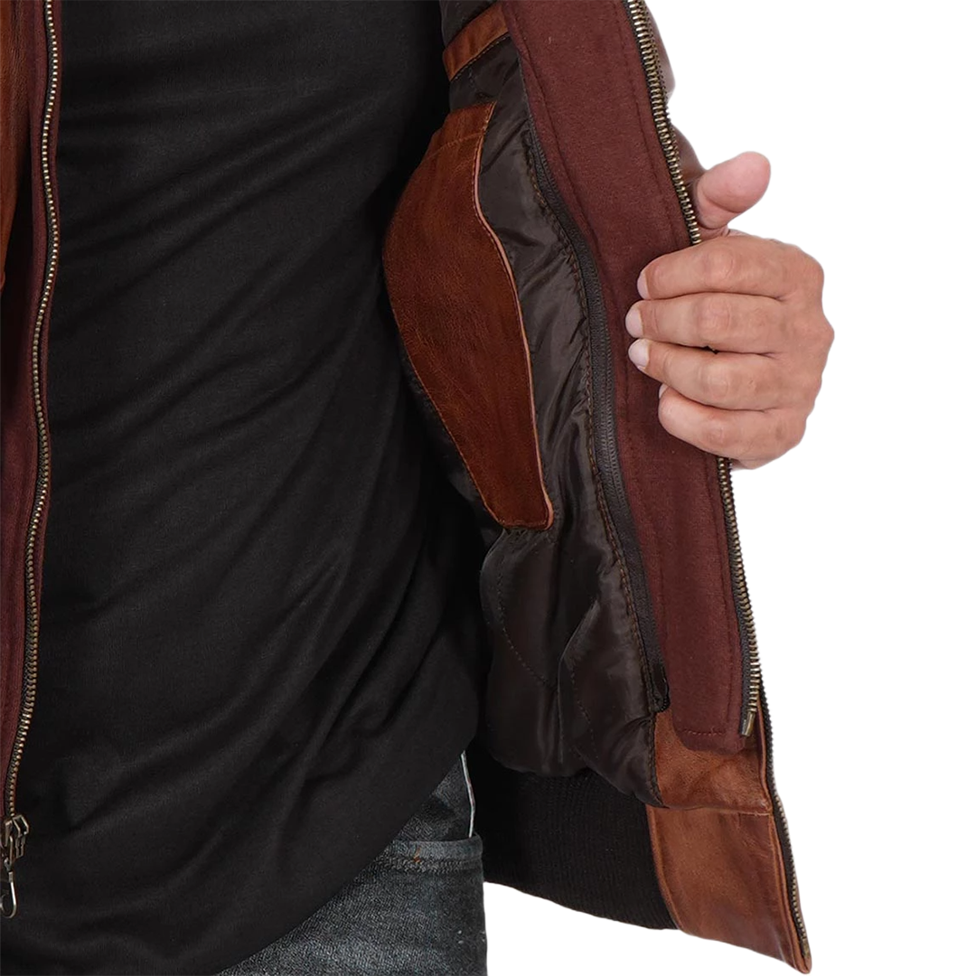 Men's Brown Bomber Leather Jacket With Removable Hood
