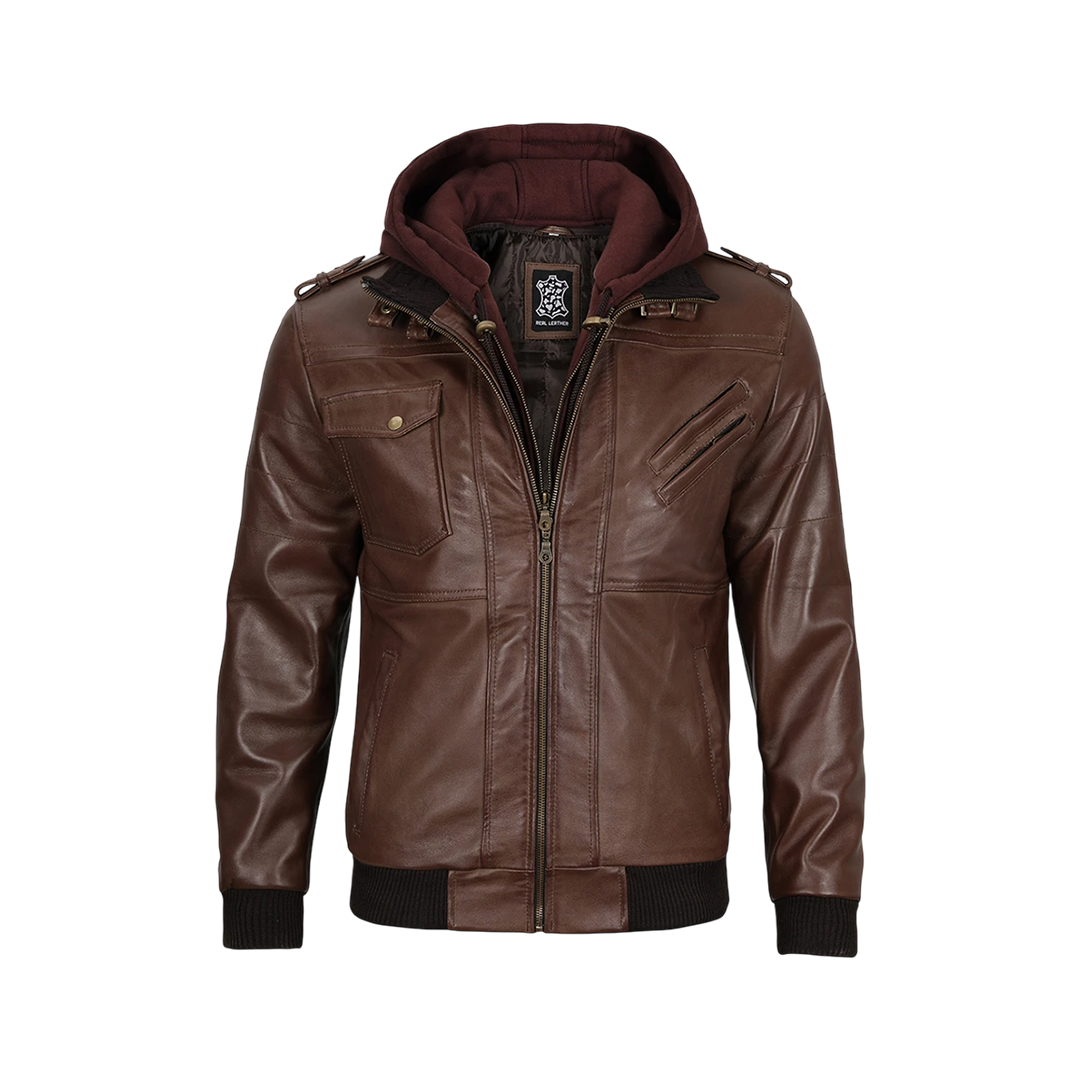 Men's Brown Bomber Leather Jacket With Removable Hood