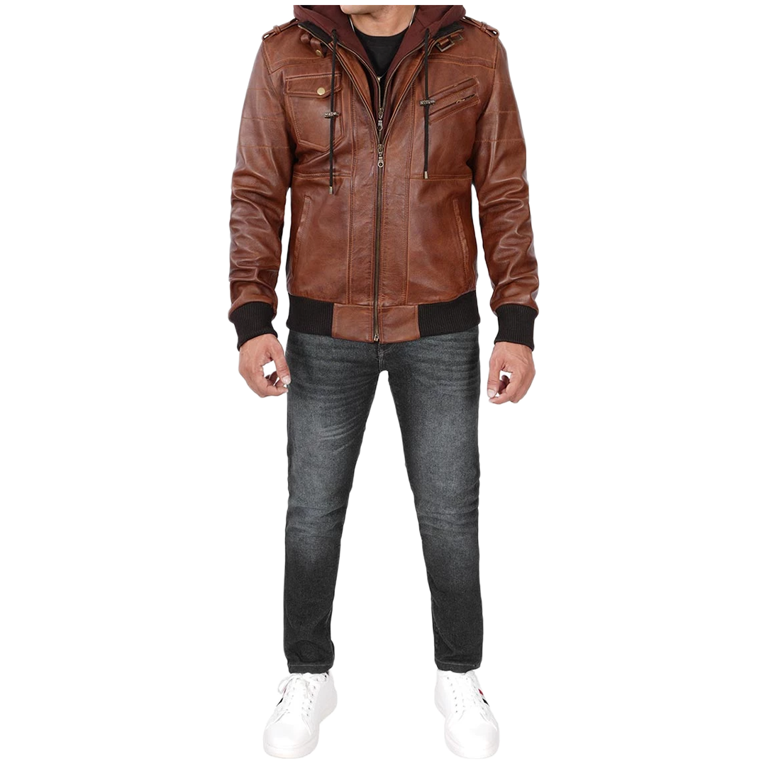 Men's Brown Bomber Leather Jacket With Removable Hood