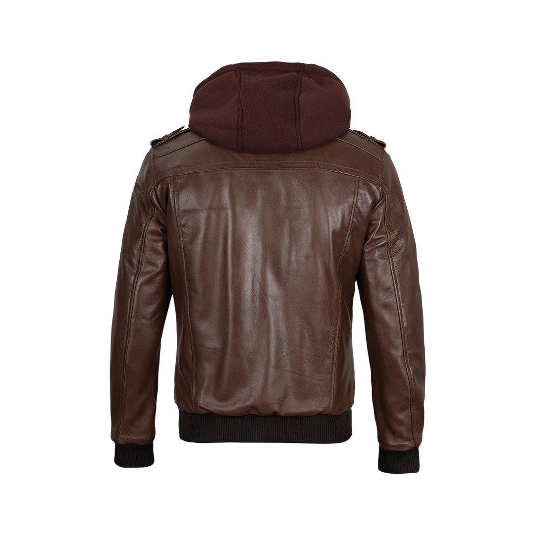 Men's Brown Bomber Leather Jacket With Removable Hood