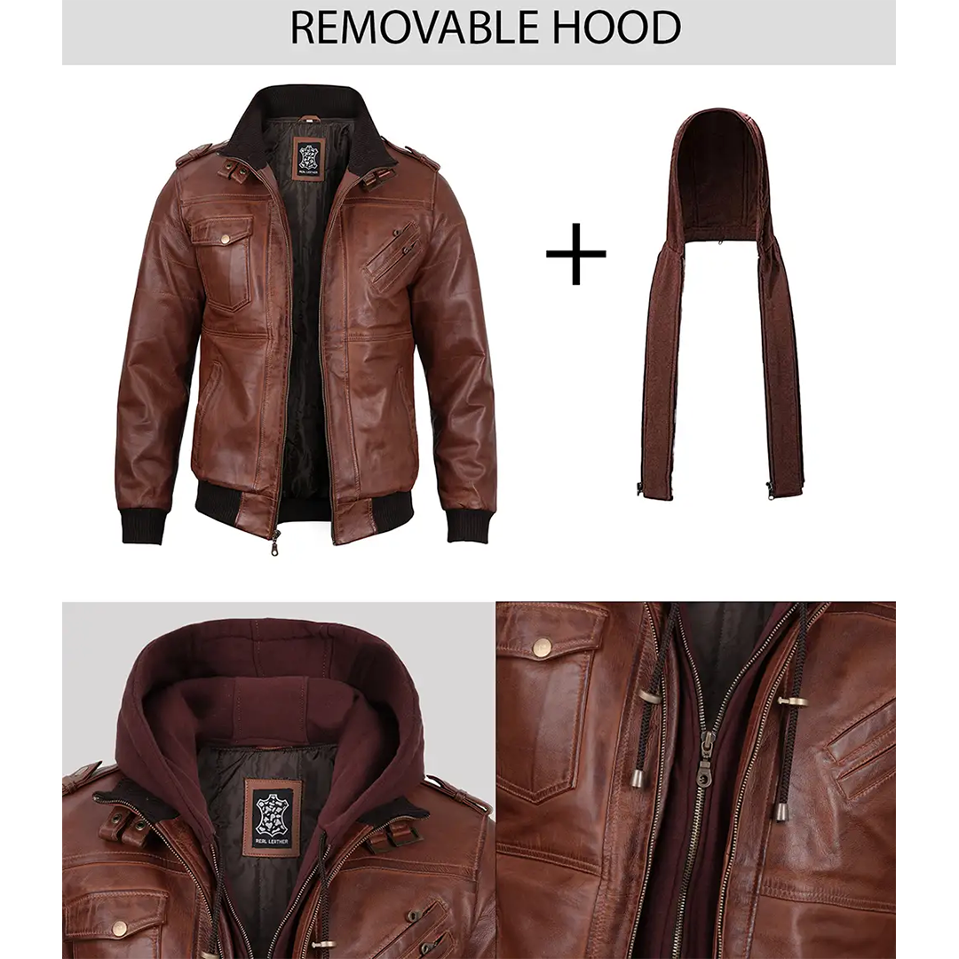 Men's Brown Bomber Leather Jacket With Removable Hood