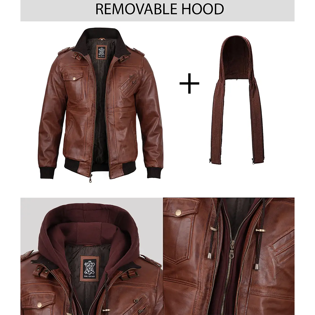 Men's Brown Bomber Leather Jacket With Removable Hood