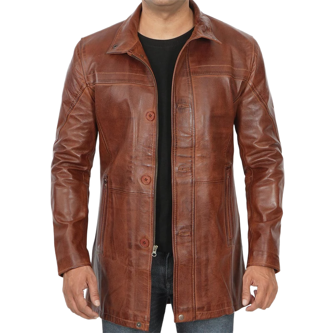 Men's Tall Brown Cognac 3 4 Length Leather Car Coat