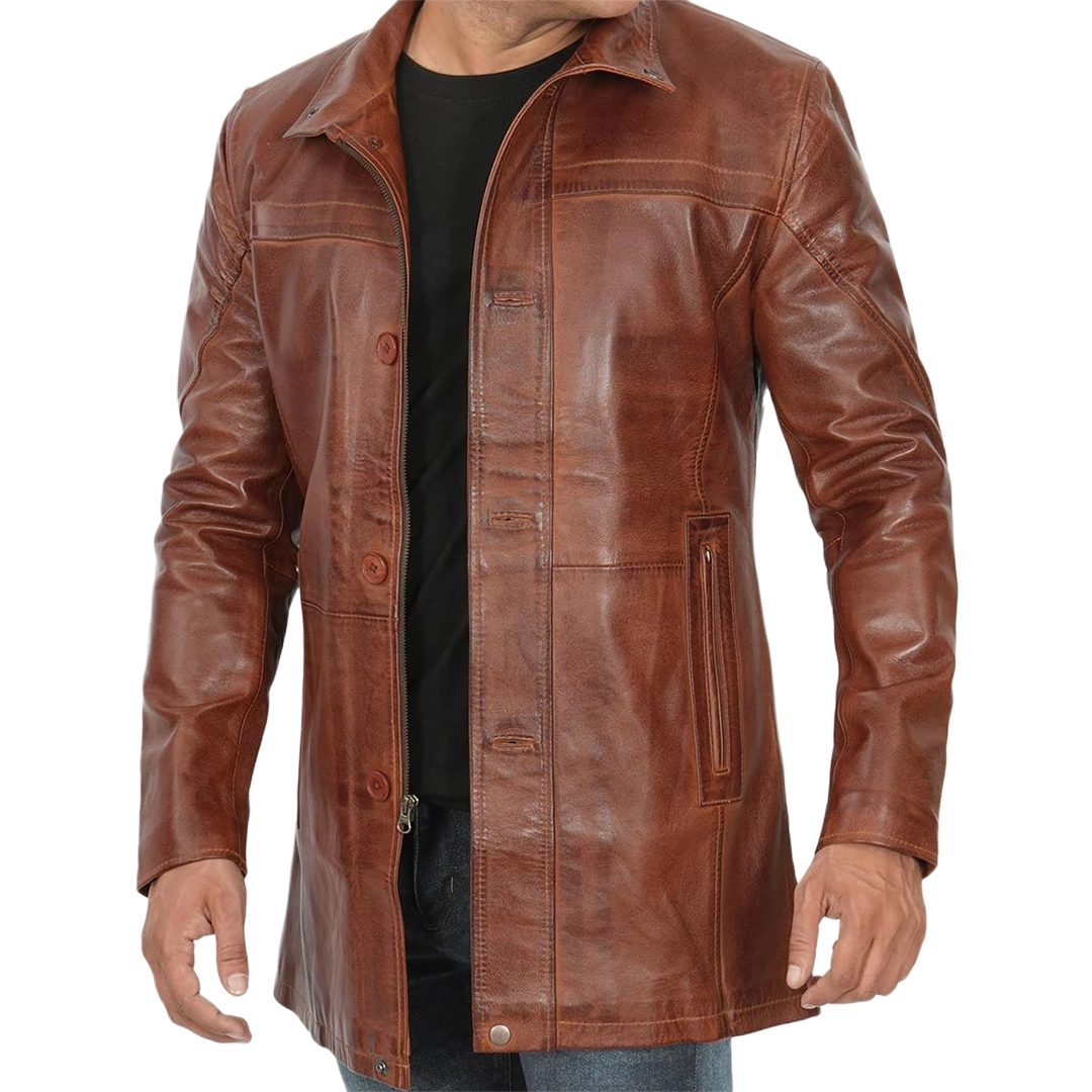 Men's Tall Brown Cognac 3 4 Length Leather Car Coat