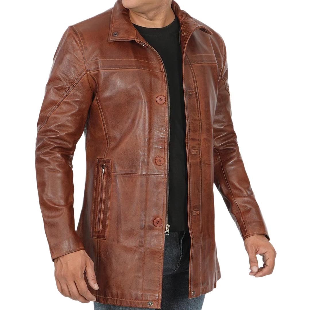 Men's Tall Brown Cognac 3 4 Length Leather Car Coat