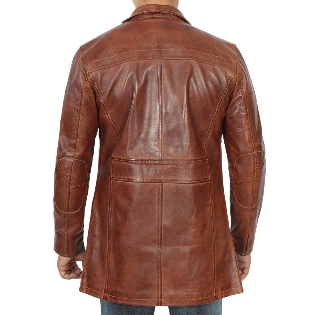 Men's Tall Brown Cognac 3 4 Length Leather Car Coat