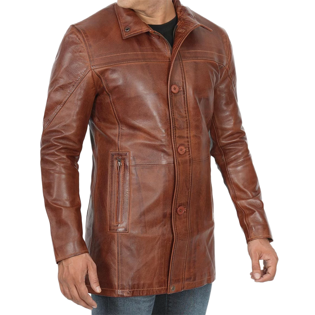 Men's Tall Brown Cognac 3 4 Length Leather Car Coat